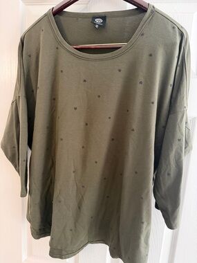 bobeau Olive Green Long Sleeve Top with Tiny Dark Heart Dots